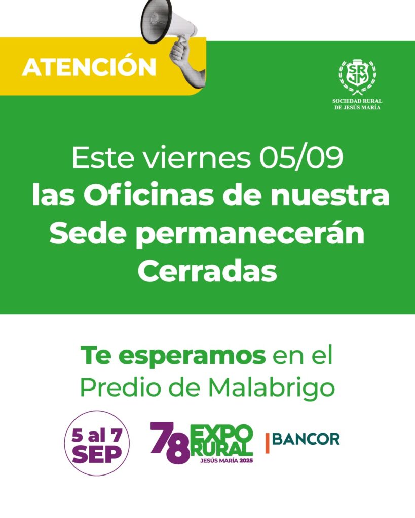 ATENCIÓN: ESTE VIERNES 05/09 LAS OFICINAS DE NUESTRA SEDE PERMANECERÁN CERRADAS.