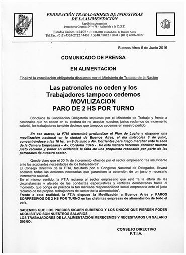 Siguen las protestas en Arcor y otras fabricas alimentarias